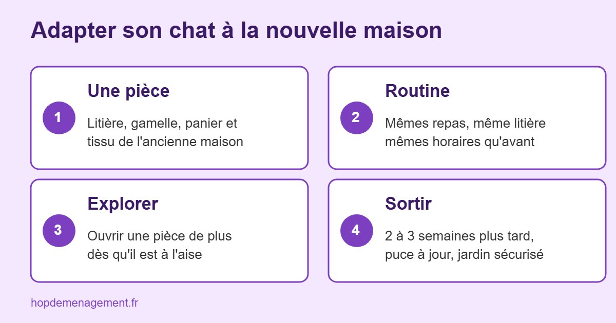 Infographie des étapes d'adaptation d'un chat dans une nouvelle maison : une pièce, routine, explorer, sortir
