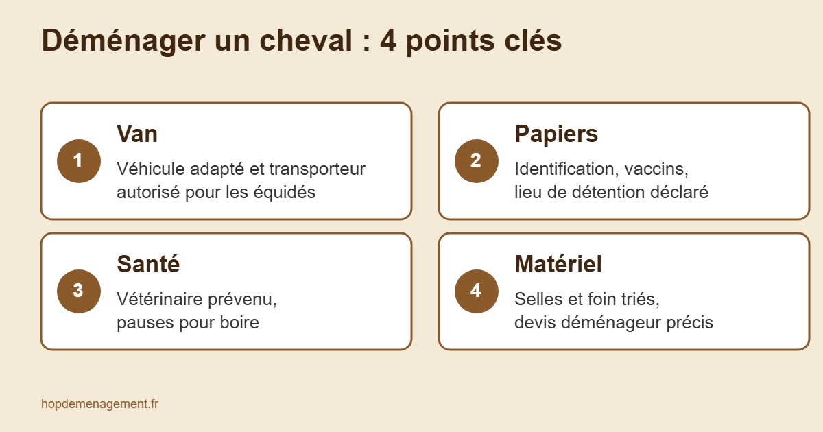 Infographie des 4 points clés pour déménager avec un cheval : van adapté, papiers, santé, matériel