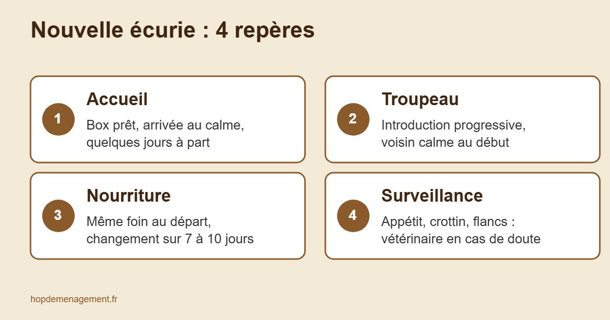 Infographie des 4 repères pour adapter un cheval à une nouvelle écurie : accueil, troupeau, alimentation, surveillance