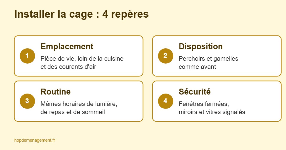 Infographie des 4 repères pour installer la cage d'un oiseau dans un nouveau logement : emplacement, disposition, routine, sécurité